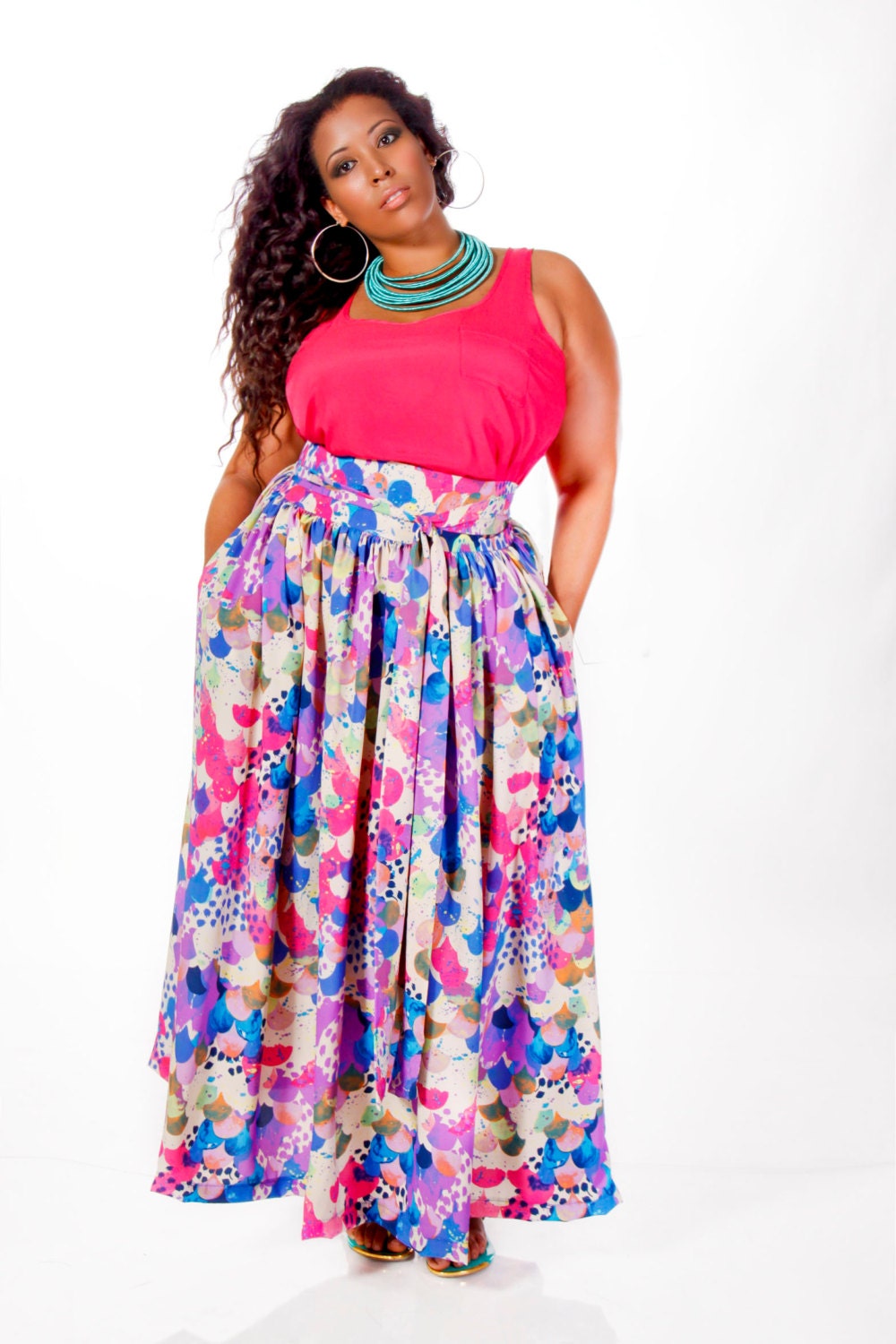 JIBRI Plus Size High Waist Printed Maxi Skirt (attached wrap belt)