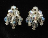 Vintage AB Aurora Borealis Cluster Crystal Bead Earrings 1960s