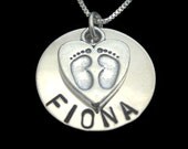 Personalized Name and Babyfeet Heart Sterling Silver Necklace - Custom Hand Stamped