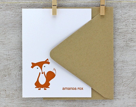 Fox Personalized Stationery - Sitting Fox Flat Note Cards - Fathers Day, Rust Orange, Choose Your Color (Set of 10)