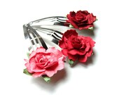 Cabbage Rose flower hair clip trio - wine on silver