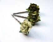 Cabbage Rose flower hair pin trio - sage on silver