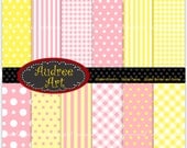 Digital paper, digital backgrounds , check pattern , chevron paper , polkadots -No 44 , 12 sheets , pink , yellow color