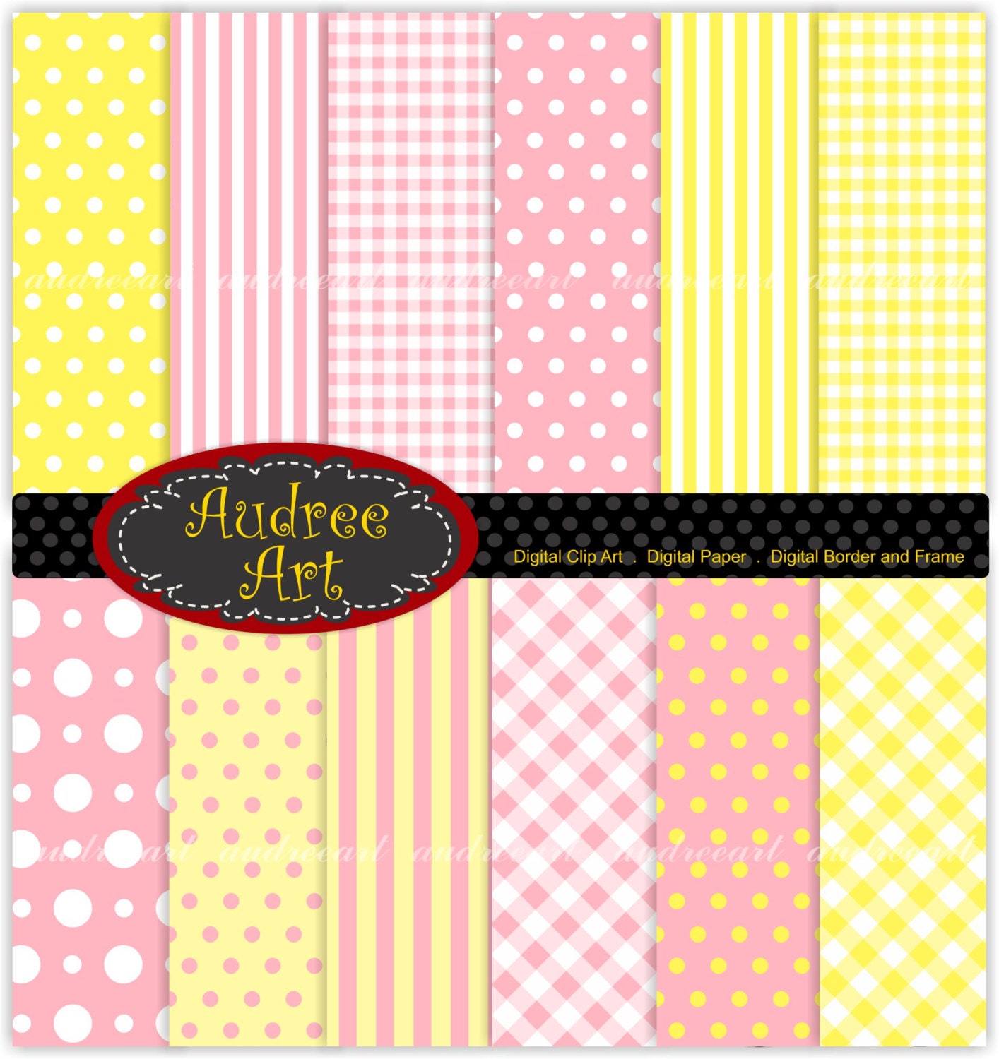 Digital paper, digital backgrounds , check pattern , chevron paper , polkadots -No 44 , 12 sheets , pink , yellow color