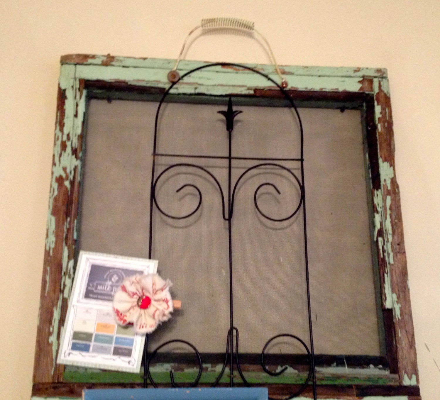 Vintage Found Screen Upcycled with Fleurs de lis Metal Work and Wire Handle
