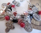Handmade Charm Bracelet Vintage Religious Medals - Pink Stone Beads and Glass Buttons - OOAK Assemblage Creation