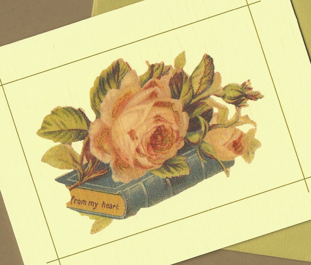 Book Lover Blank Cards, Set of 3, "From My Heart" - roses resting on book