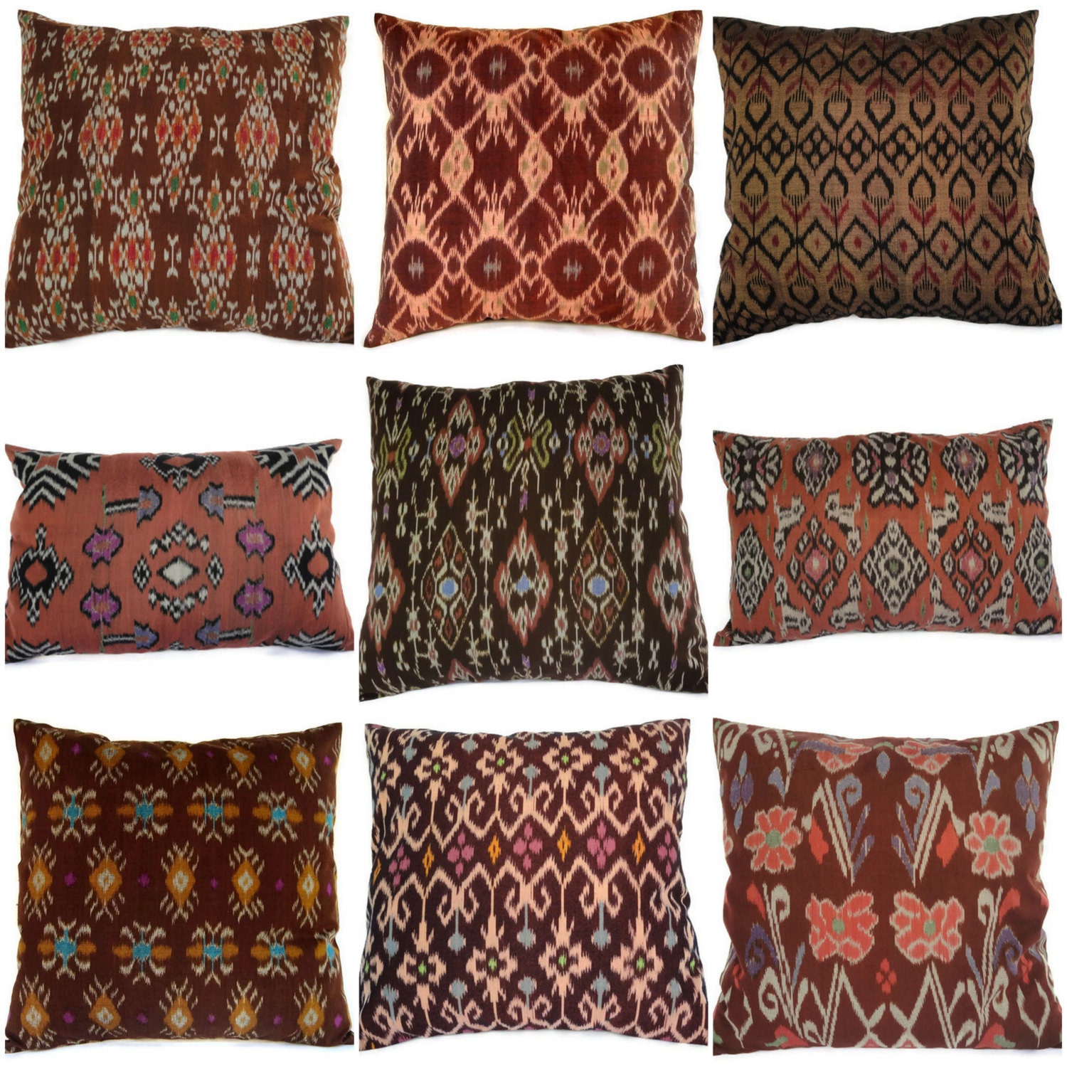 Ikat, Pillows, Cushions, 16x16/12x18, Cotton, Handwoven, Set of 9, Brown