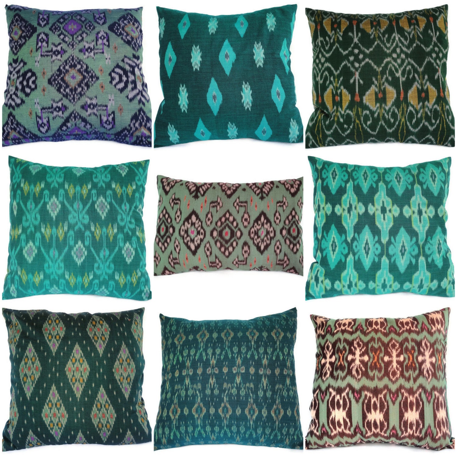 Ikat, Pillows, Cushions, 16x16/12x18, Cotton, Handwoven, Set of 9, Green, Emerald