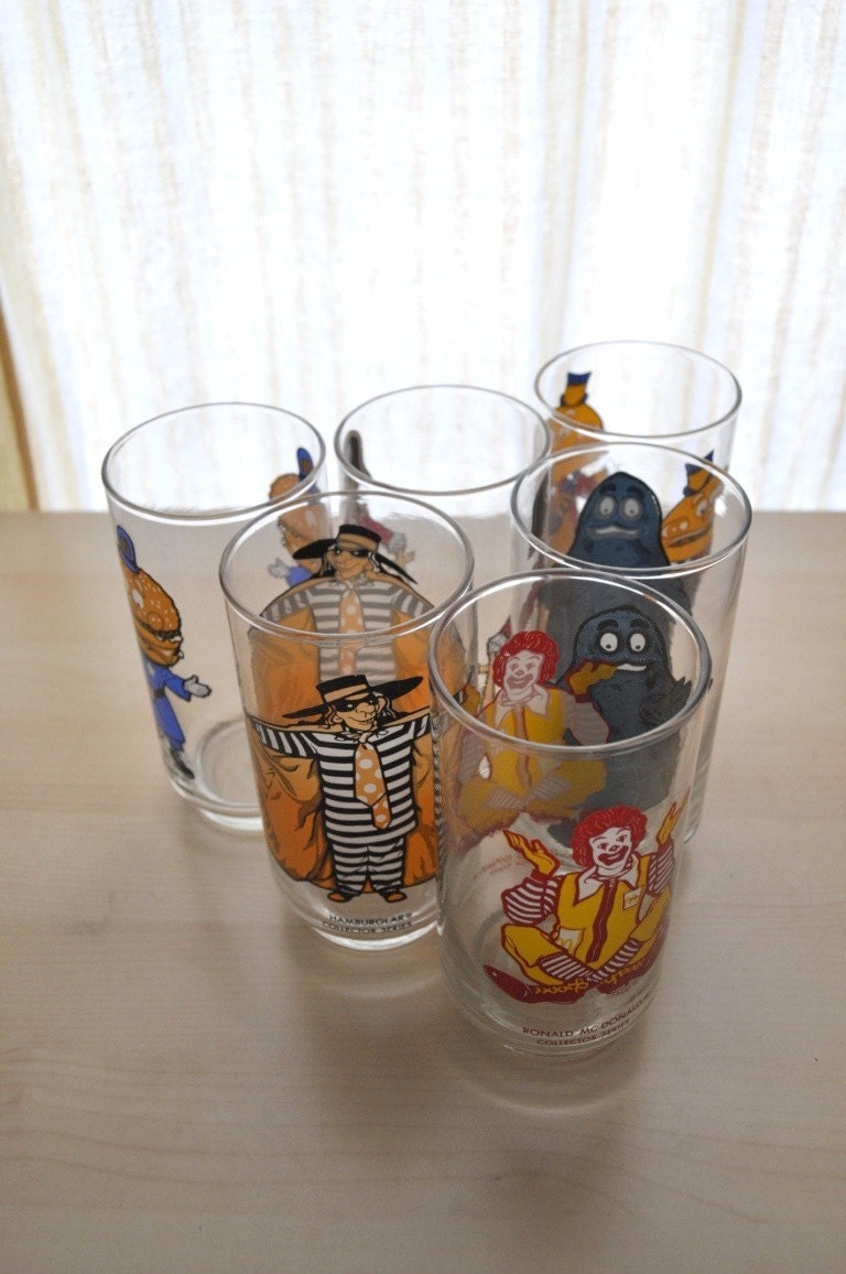 Set of 6 McDonalds Glasses Collector Series Childhood Retro Kids Cartoon Illustrations Home Drink Tumblers