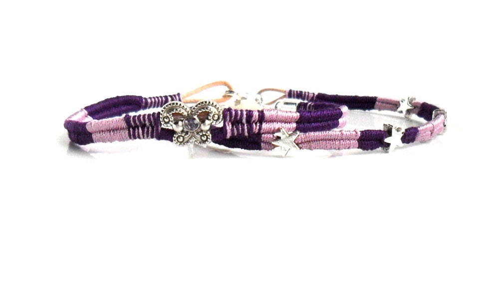 Leather bracelet hand woven in purple shades Ombre boho chic