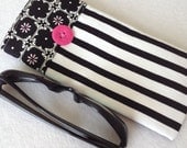 Sunglasses Case, large size glasses sleeve, black and white stripes, pink button,  eyeglass cozy, soft case, gift for women, chic