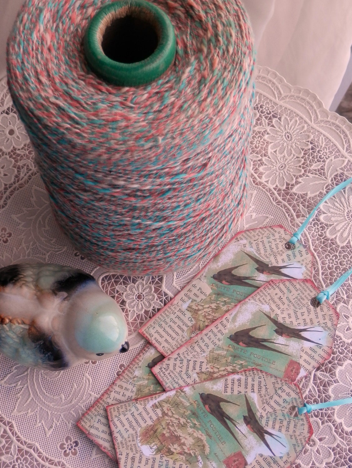 French Swallow Tag with 20 yards of vintage aqua and coral twine
