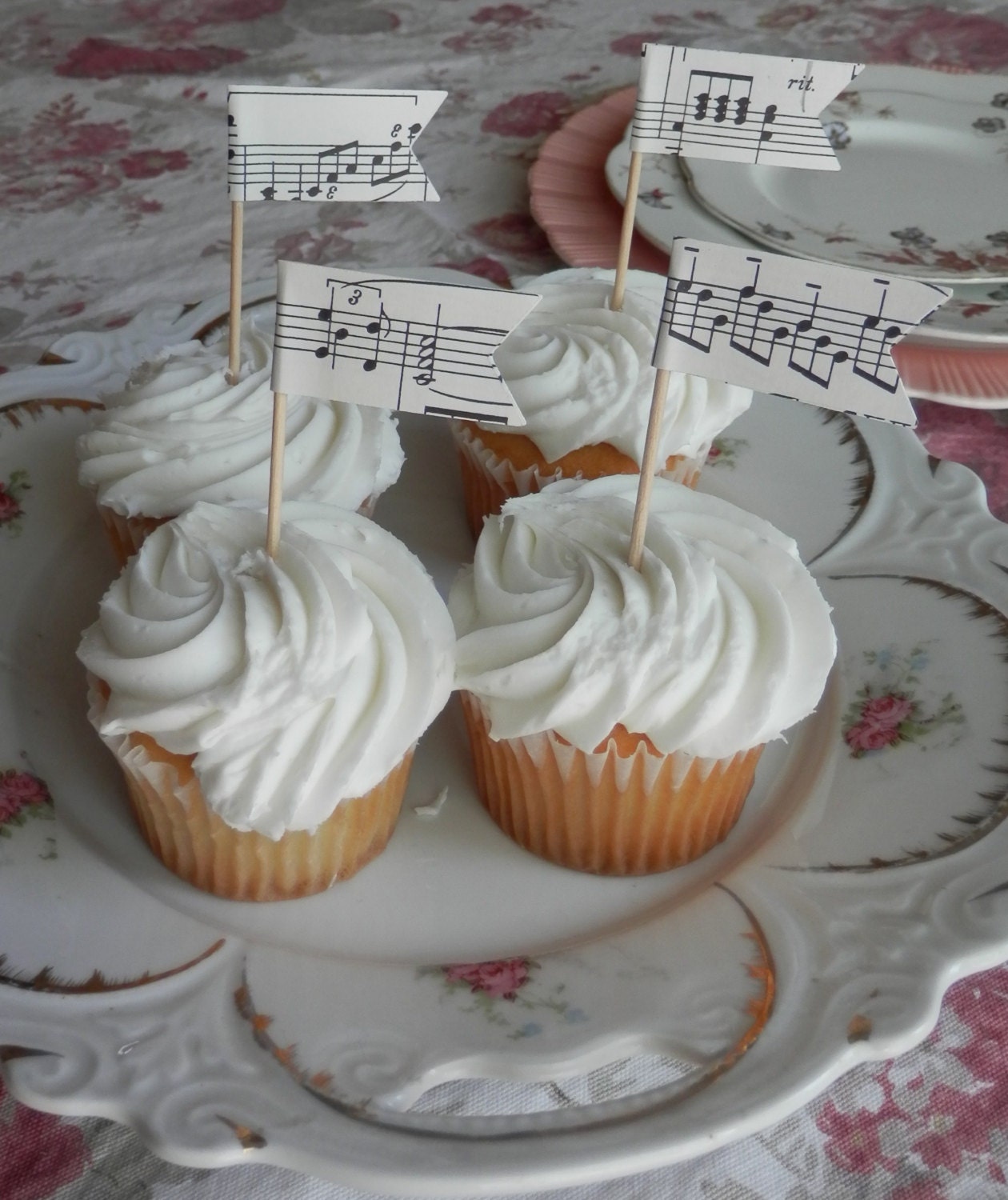Vintage musis paper- cup-cake flags- set of 12