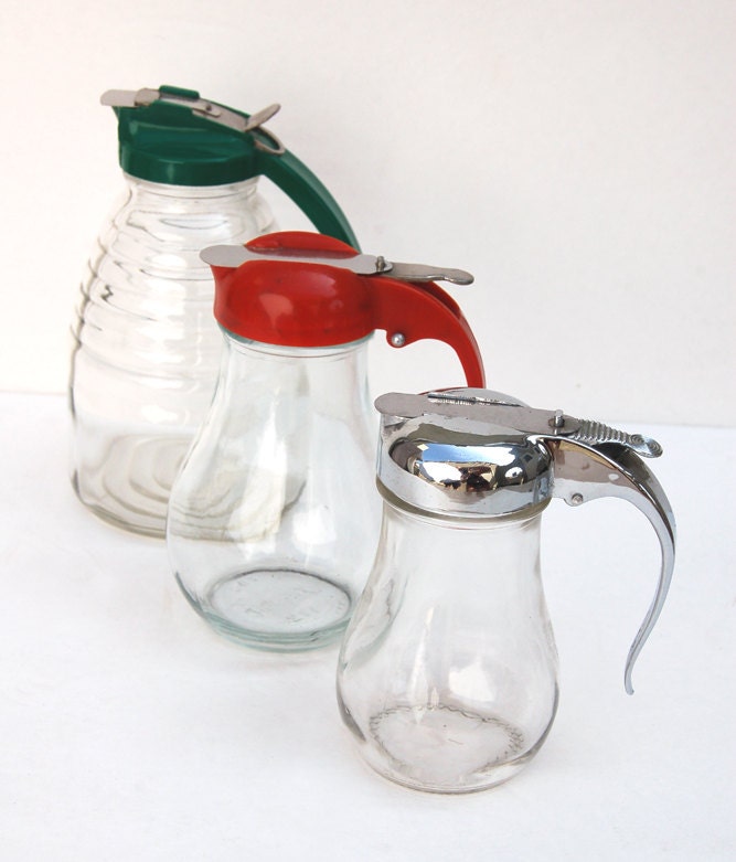 Colorful Set of Glass Restaurant Diner Syrup Pitchers Slide-Back  Pouring