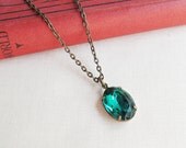 Esmerelda Necklace, Estate Style Vintage Emerald Green Jewel, Glam It Up Oval Brass Brown
