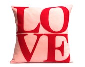 Red Love Pillow Appliqued Eco-Felt Cover on Baby Pink - 18 inches