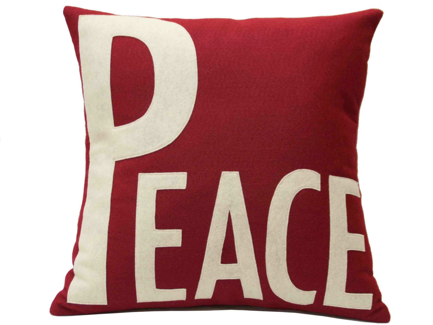 Peace Appliqued Eco-Felt Pillow Cover Ruby Red and Antique White - 18 inches Made from Eco Felt for an Eco Friendly Home