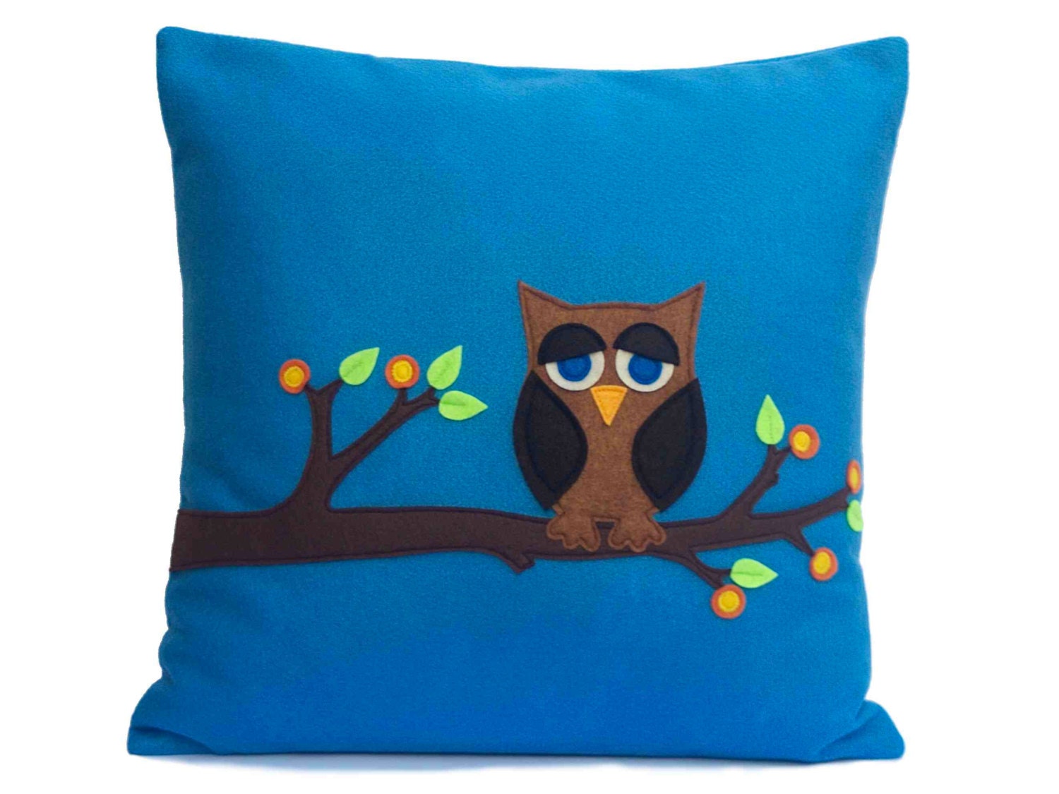 Little Owl in Spring - Appliqued Eco-Felt Pillow Cover in Crystal Blue - 18 inches