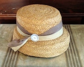 Vintage Woven Straw Hat // Tan Band and Button