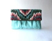 Fold over, boho, foldover clutch,  handbag, clutch, pouch - Delicada Fold Over Clutch in mint and ethnic pink / green fabric