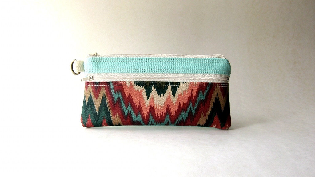 Fabric boho zippered pouch, pencil case, clutch - The Epu Pouch in  mint with ethnic pink / green fabric