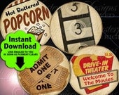 Movie Time / Hollywood / Old Movies / Popcorn  - INSTANT DOWNLOAD 2.5 Inch Round Designs Digital JPG Collage Sheet