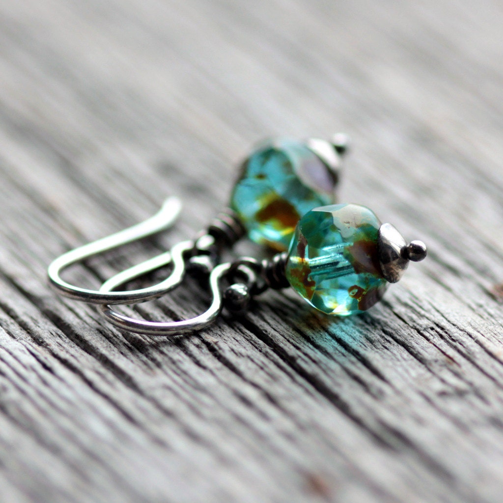Blue Beaded Earrings - Czech Glass Bead in Teal Blue on Sterling Silver Ear Wires
