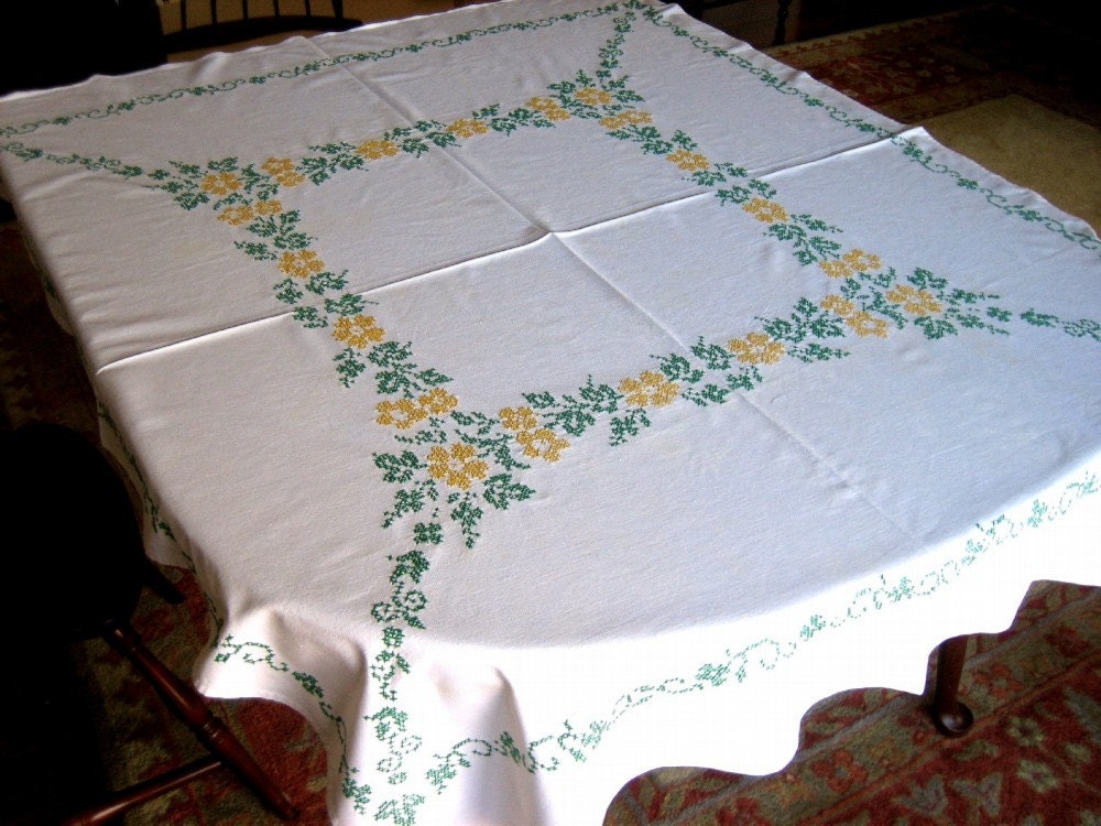 Embroidered Vintage TABLECLOTH Colorful Flowers Green Yellow Cross Stitch