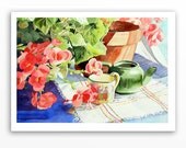 Floral Still Life Original Watercolor Painting - Painting of Begonias, flower art - Women Men - Home Decor, Wall Decor, Teapot 15 x 18