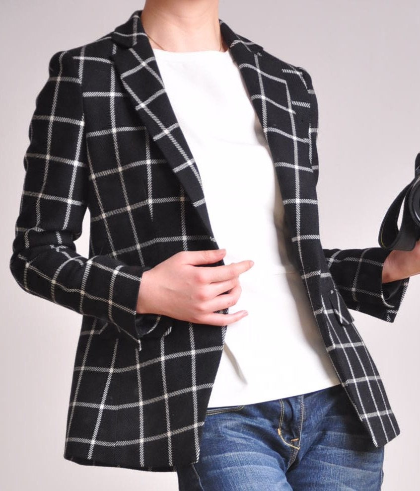 Black White Plaid Virgin Wool Women Jacket Blazer Suit