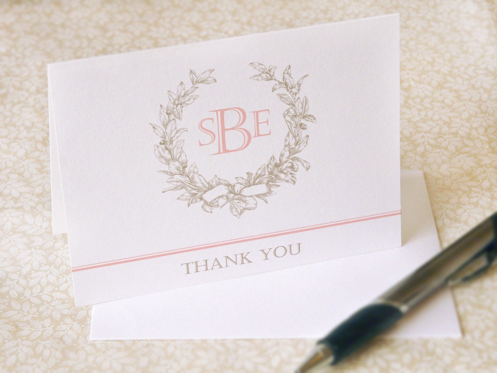 30 Samantha Wreath Monogram Thank You Note Cards