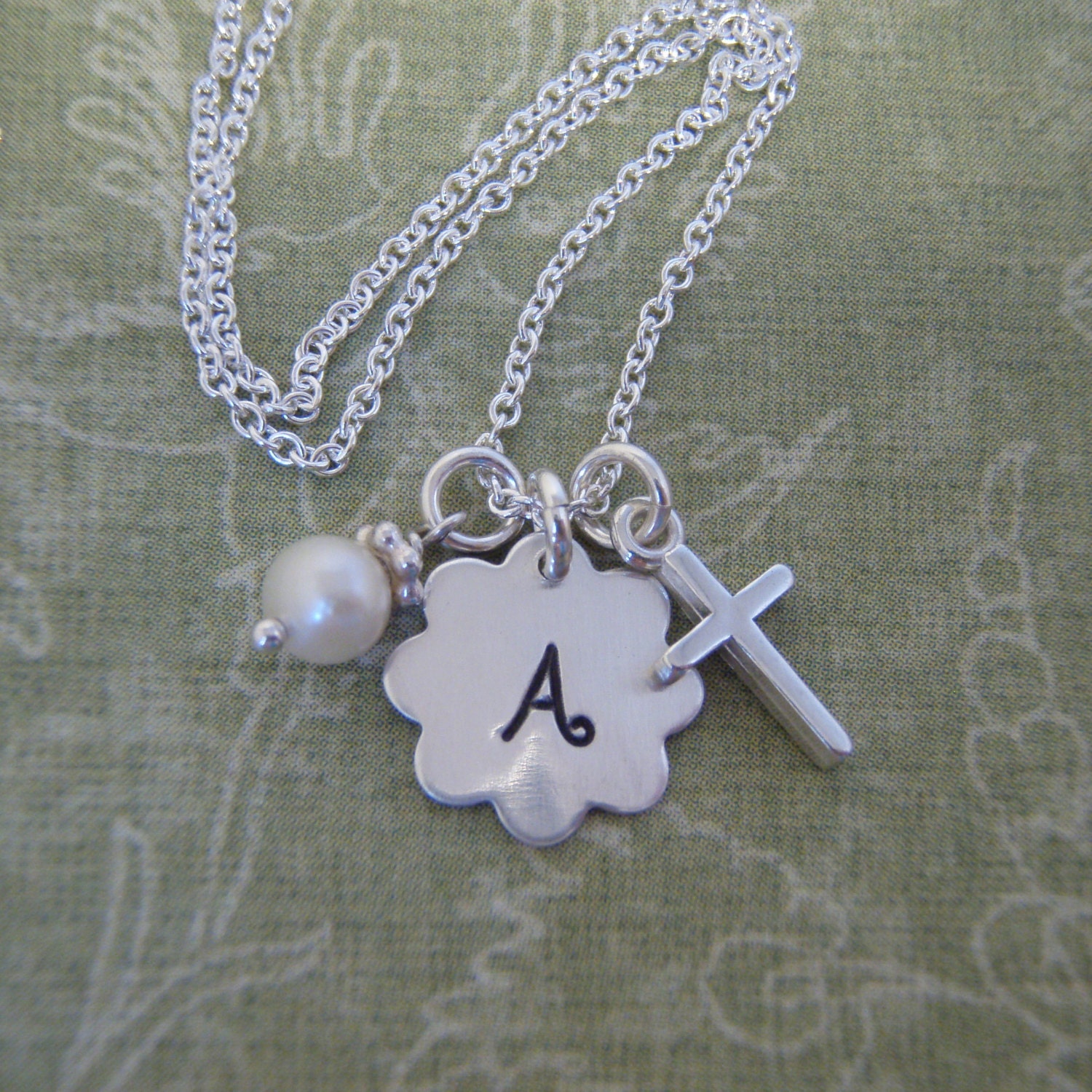 First communion necklace - Little girl's cross necklace - Cross and initial necklace with white crystal pearl or birthstone crystal