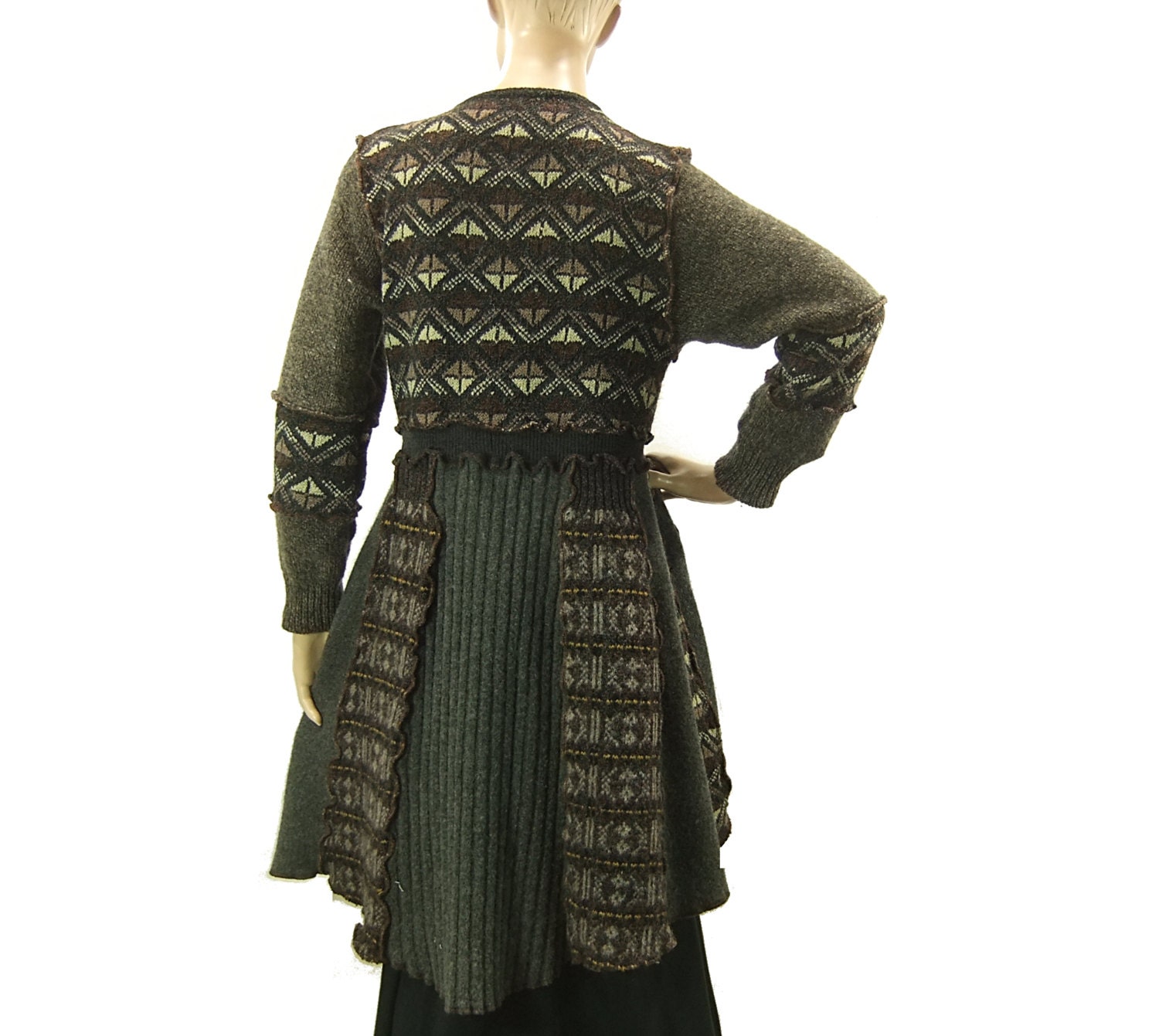 Long sweater tunic, cardigan, women small medium, grey gray brown ca214