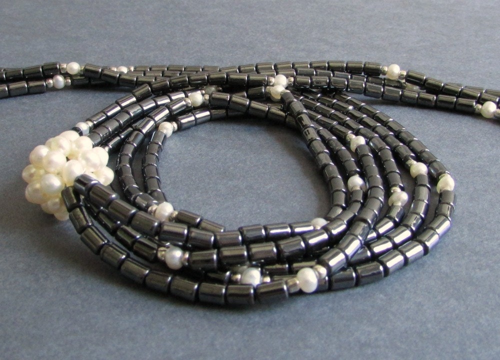 Black Hematite Necklace / Long Triple Strand Necklace / Ivory Freshwater Pearl and Gemstone Necklace, 25 Inches Long -  Silhouette