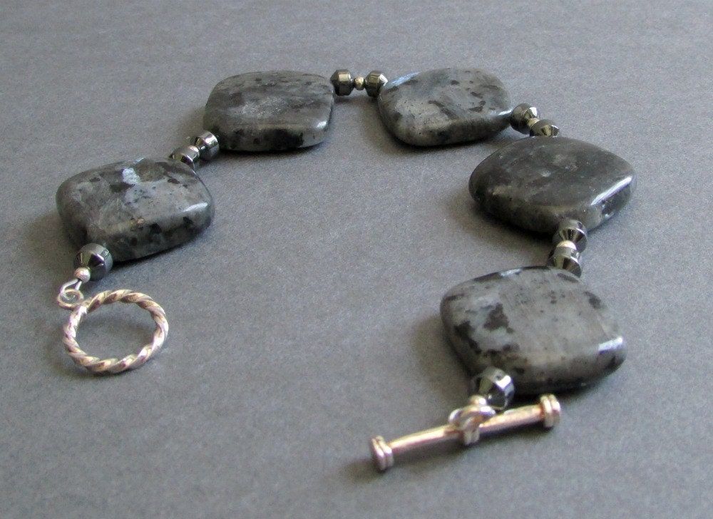 Chunky Gemstone Bracelet / Black Labradorite and Hematite Bracelet / Sterling Silver Statement Bracelet - Fascination