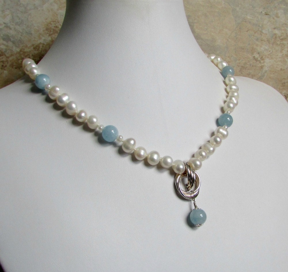 Ivory Freshwater Pearl Necklace / Milky Aquamarine Necklace and Earrings / Hand Knotted Gemstone and Pearl Strand - Aspire