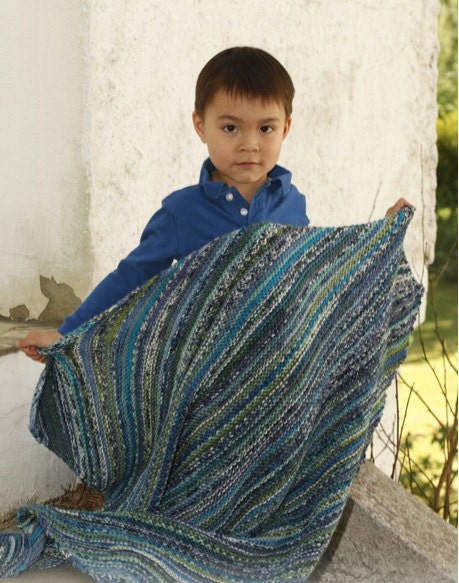 Sheep Wool Baby Blanket Afghan Throw - Hand Knitted Striped in Soft Blues Turqoise Greens Purples Whites (Ready to Ship)
