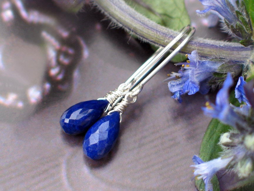 Royal Blue Lapis Lazuli Earrings - Genuine Lapis Briolettes Wire Wrapped in Argentium Silver Dangle