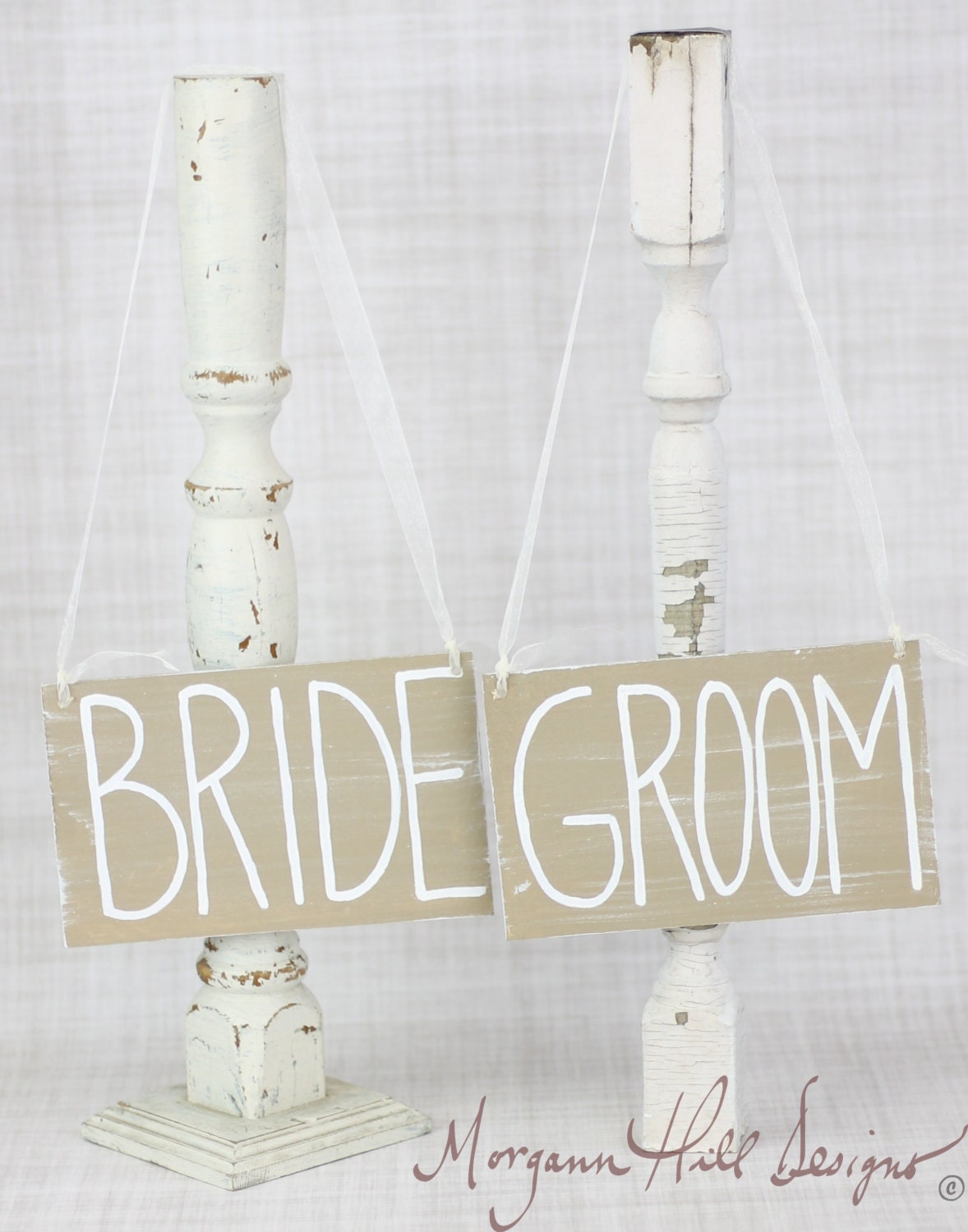 Bride and Groom Chair Signs Hand Painted Shabby Rustic Chic Decor Country Barn Wedding (Item Number 130001)