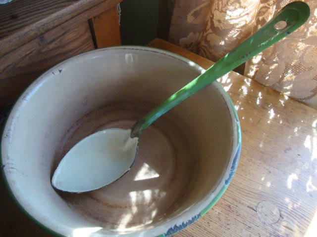 Primitive Farmhouse Vintage Enamel Spoon  - Green and Cream - Large and Heavy - Lets Make Cornbread