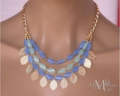 Blue Green Gold Leaf Statement Necklace