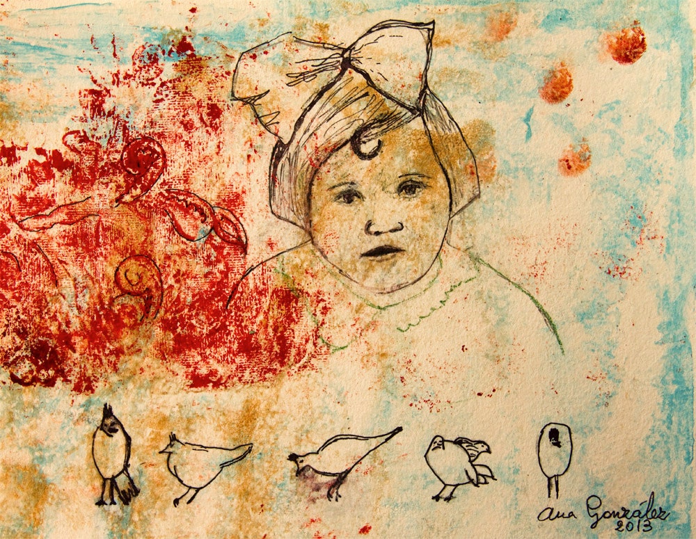 Original Painting paper, 8x10 nursery wall Art, little girl and baby, red turquoise green black. Spanish Modern Art