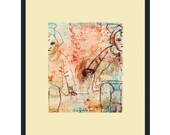 Original Painting paper, 8x10 nursery wall Art, little old girl, red turquoise green black. drawing ink Spanish Modern Art