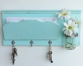 Cottage Blue..Mail Holder and Organizer Key Hooks  Mason Jar Shelf ..
