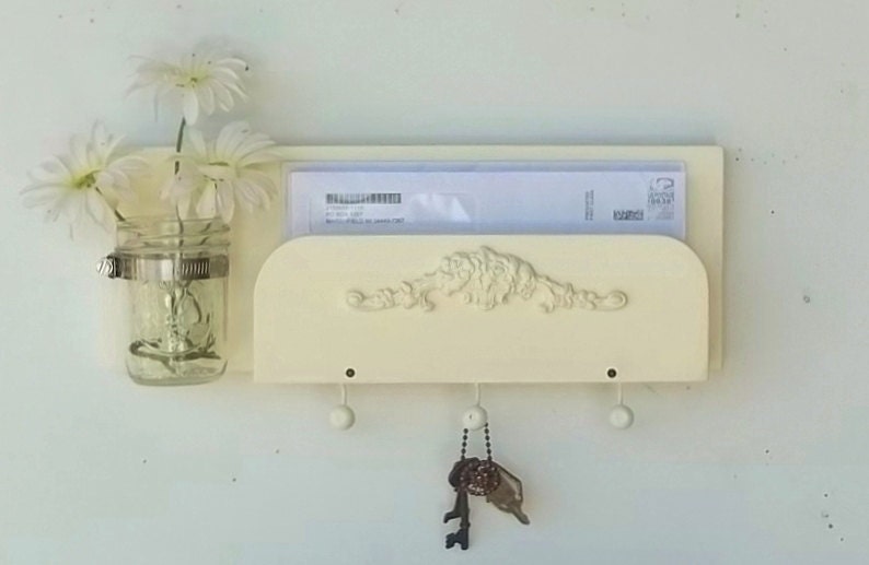 Buttermilk Cream.... Mail Holder and Organizer Key Hooks  Mason Jar Shelf...Made to Order