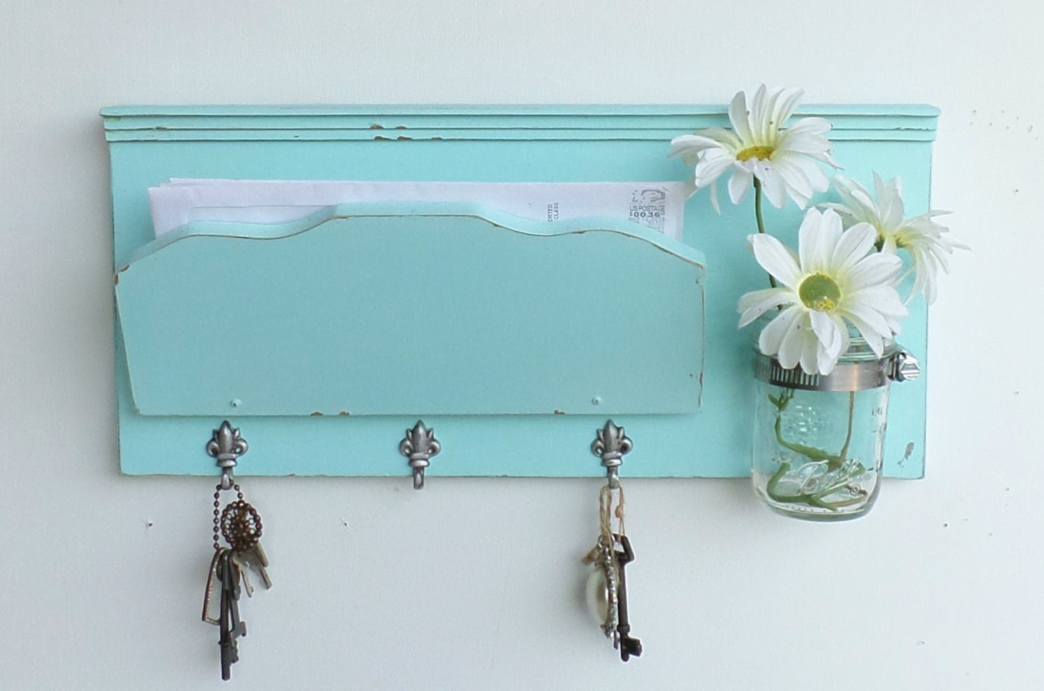 Cottage Blue..Mail Holder and Organizer Key Hooks  Mason Jar Shelf ..