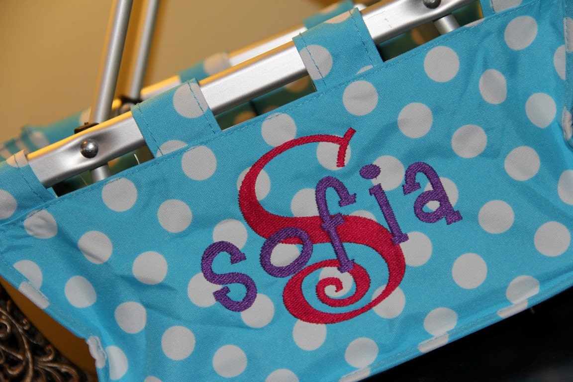 Personalized EASTER Basket Collapsible Embroidered Monogrammed mini TURQUOISE Blue Polka Dot Market Tote Picnic