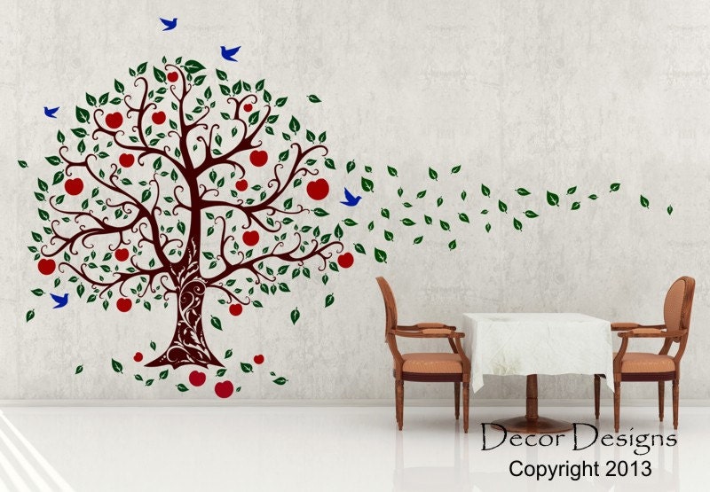 Three Color Apple Tree Blowing in the Wind Vinyl Wall Decal SALE