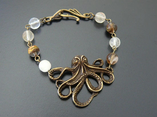 SALE Octopus Bracelet Steampunk Jewelry Boho Gothic Wrist Accessory Tourmaline Brass White Brown Nautical Chunky Statement Piece